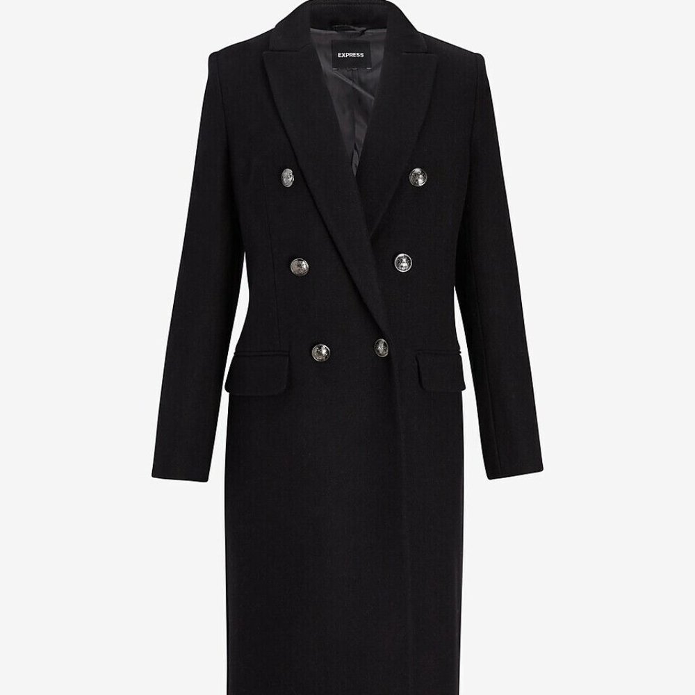NEW EXPRESS $248 BLACK DOUBLE BREASTED WOOL BLEND BLACK COAT SZ S NWT